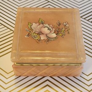 VTG Genuine Alabaster Stone Square Trinket Jewelry Box Hinged Peach Floral Brass